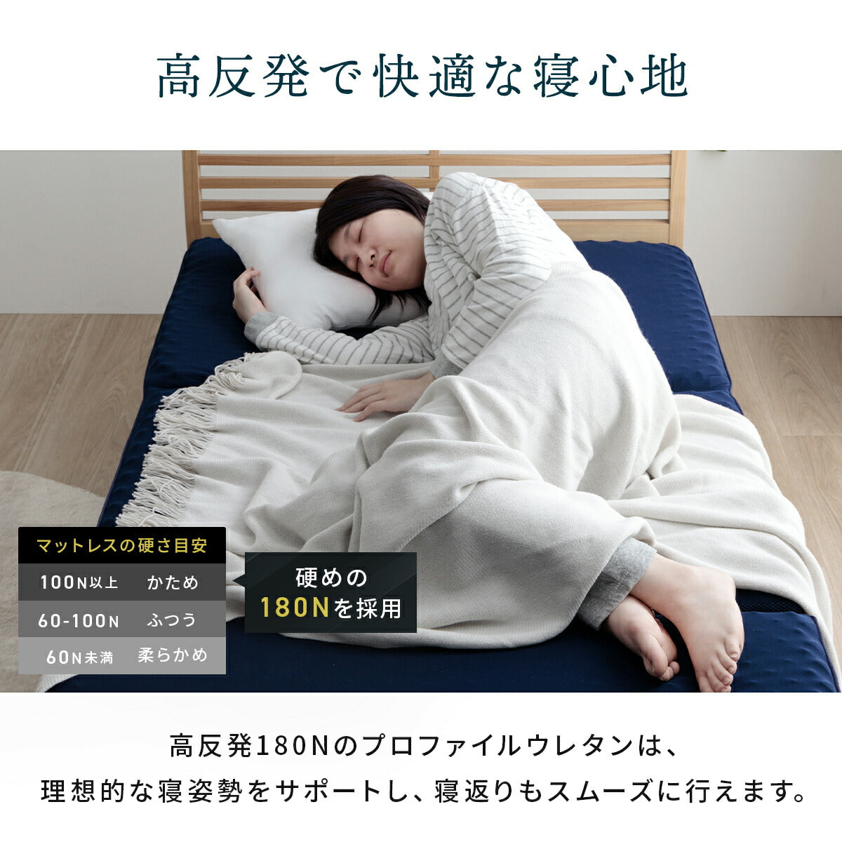マットレスセミダブル三つ折り高反発プロファイルウレタン硬め折りたたみ寝具ネイビー約115×195×12cm