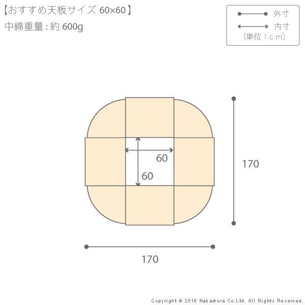 はっ水リバーシブル省スペースこたつ布団〔モルフ〕60x60cmこたつ用(170x170cm)