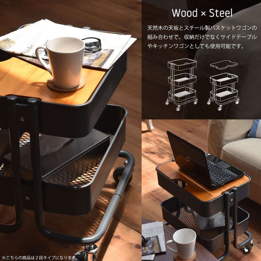ワゴンキッチンワゴンキャスター付き2段天板キッチン作業台スリムサイドテーブルおしゃれスチールコンパクトテーブル木製収納