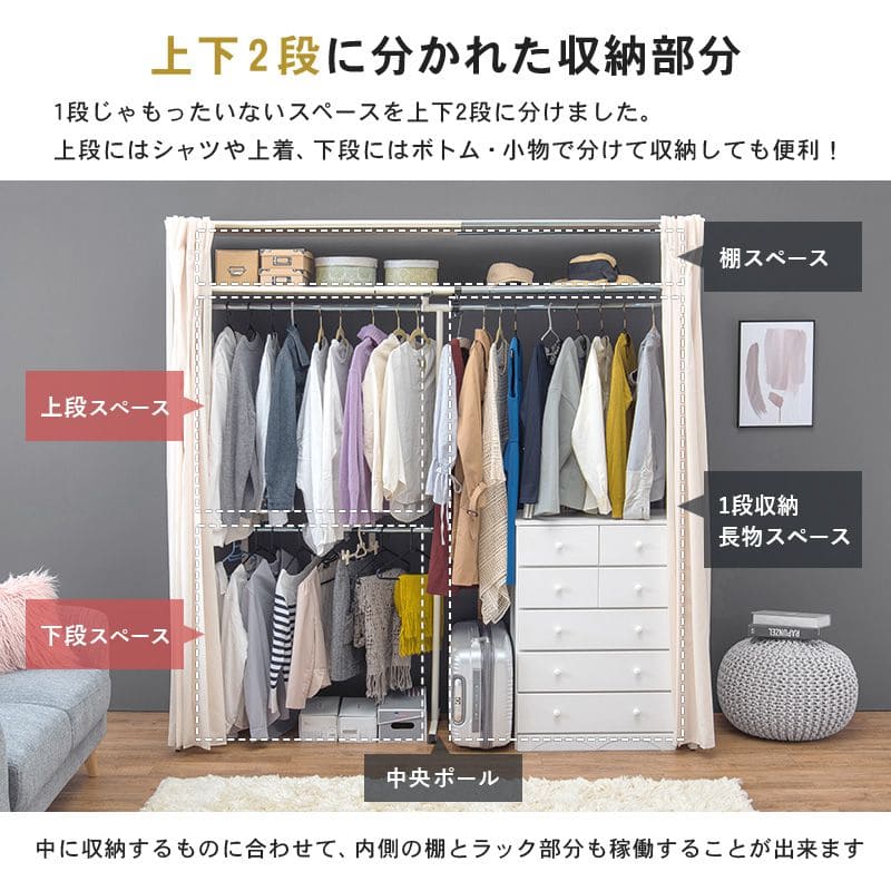 ワードローブ収納カーテンクローゼット伸縮大容量大型幅120棚ハンガーラックスリム棚付きスリム目隠し置き型おしゃれ洋服衣類洋服掛け伸縮式スライド薄型アイアンスチールダークブラウン木製