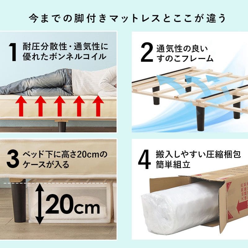脚付きマットレスセミダブルマットレスボンネルコイル硬め脚付きベッド男一体型厚めボンネルすのこ一人暮らし脚20cm収納コンパクト195cmスノコ付きベッドマット寝心地硬い小さい耐荷重通気性夏