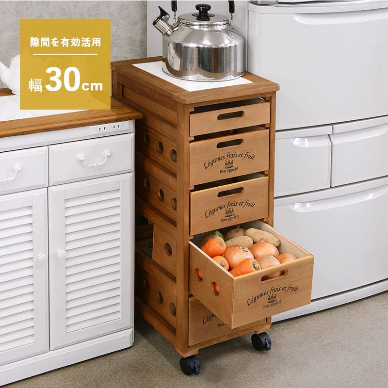 キッチンストッカー完成品ストッカーキッチンスリム収納小型薄型家庭用キャスター隙間30洗面所引き出し5段高さ80木製ワゴン隙間収納野菜ストッカー大容量おしゃれ深型縦型キッチンワゴン軽量