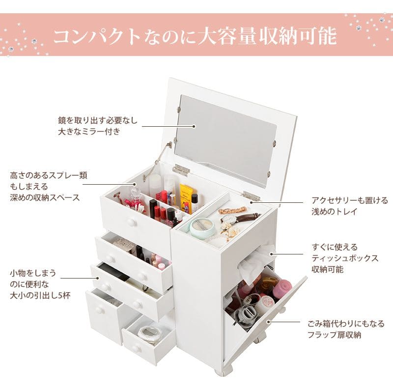 メイクボックスコスメボックスワゴン大容量鏡木製小さめキャスター引き出しミラー小型コンパクト姫白ピンクおしゃれバニティ化粧箱完成品ドレッサーシンプル鏡付き収納メイクアップボックス仕切り