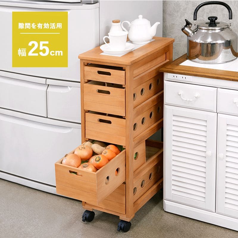 キッチンストッカー完成品ストッカーキッチンスリム収納小型薄型家庭用キャスター隙間25洗面所引き出し5段高さ80木製ワゴン隙間収納野菜ストッカー大容量おしゃれ深型縦型キッチンワゴン軽量