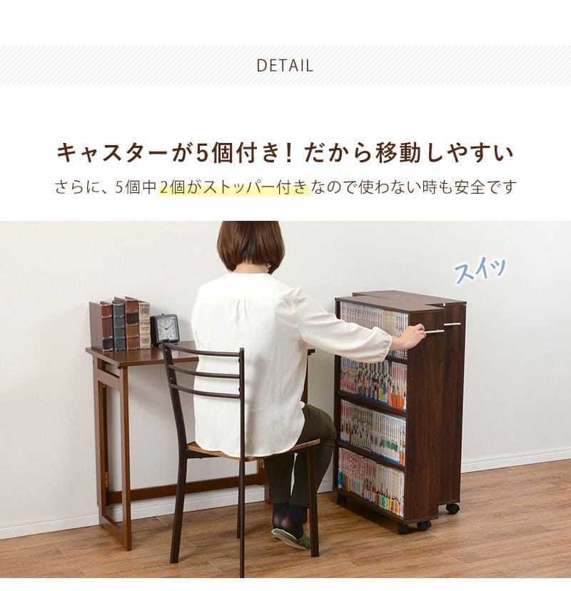 本棚薄型キャスター大容量4段スリムコミックラック隙間木製ハイタイプ省スペースワゴンコンパクトおしゃれ漫画文庫本コミック収納整理可動棚マンガコミック文庫大量ラック隙間収納押入れ縦長