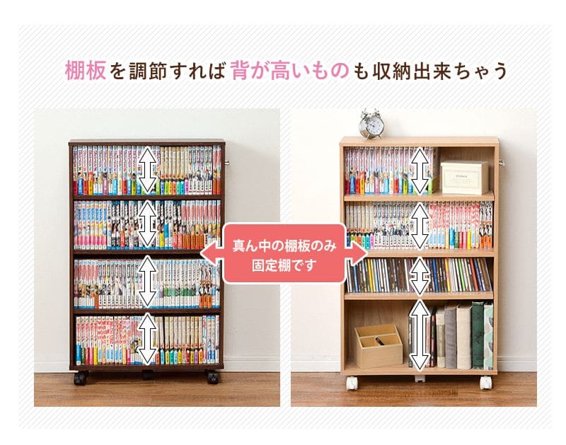 本棚薄型キャスター大容量4段スリムコミックラック隙間木製ハイタイプ省スペースワゴンコンパクトおしゃれ漫画文庫本コミック収納整理可動棚マンガコミック文庫大量ラック隙間収納押入れ縦長
