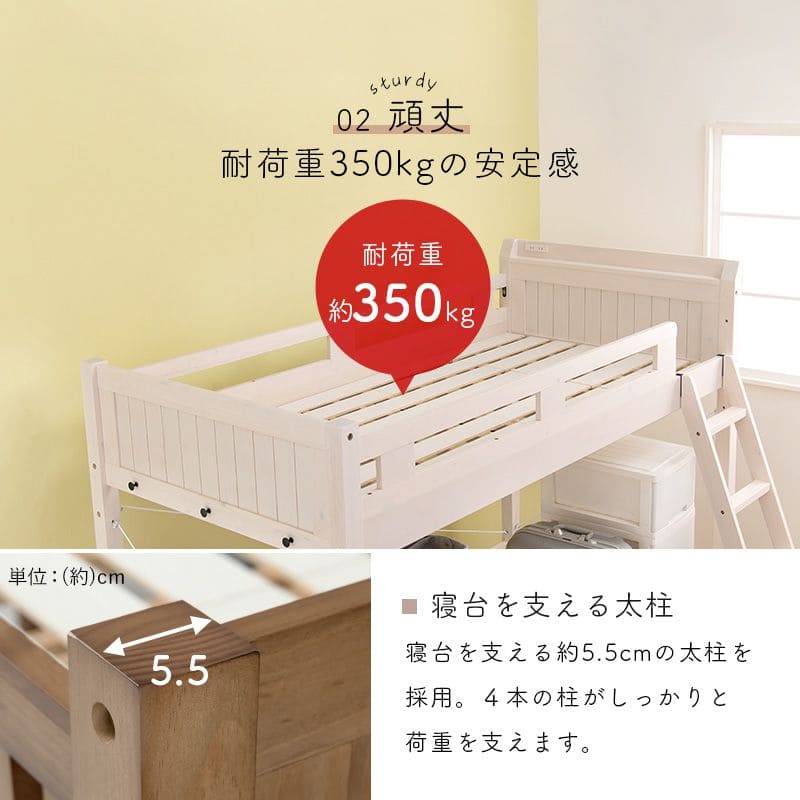 ロフトベッドベッド木製シングルミドル収納ハイタイプ子供大人はしご柵宮棚天然木パイン低め子供部屋おしゃれ宮フレーム低いコンセントロフトベット頑丈丈夫耐荷重300kg木大きめ宮付き階段