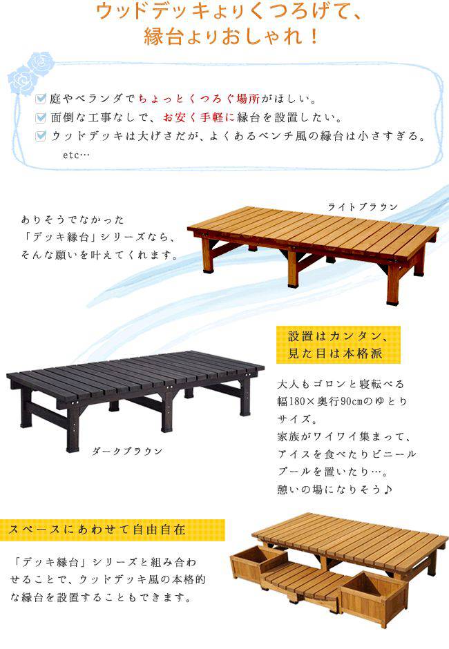 デッキ縁台180×90ステップセット【送料無料ウッドデッキ風簡単縁側本格的DIY木製天然木庭ベランダマンションおしゃれ小型北欧ガーデン屋外家具ライトブラウンダークブラウン】