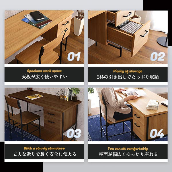 ヴィンテージ風引き出し付きデスク&チェアセットデスク机書斎パソコンデスクデスクセットデスクチェアセットチェア椅子おしゃれ収納片袖人気使いやすいウォルナットテレワーク幅120cm幅38cm