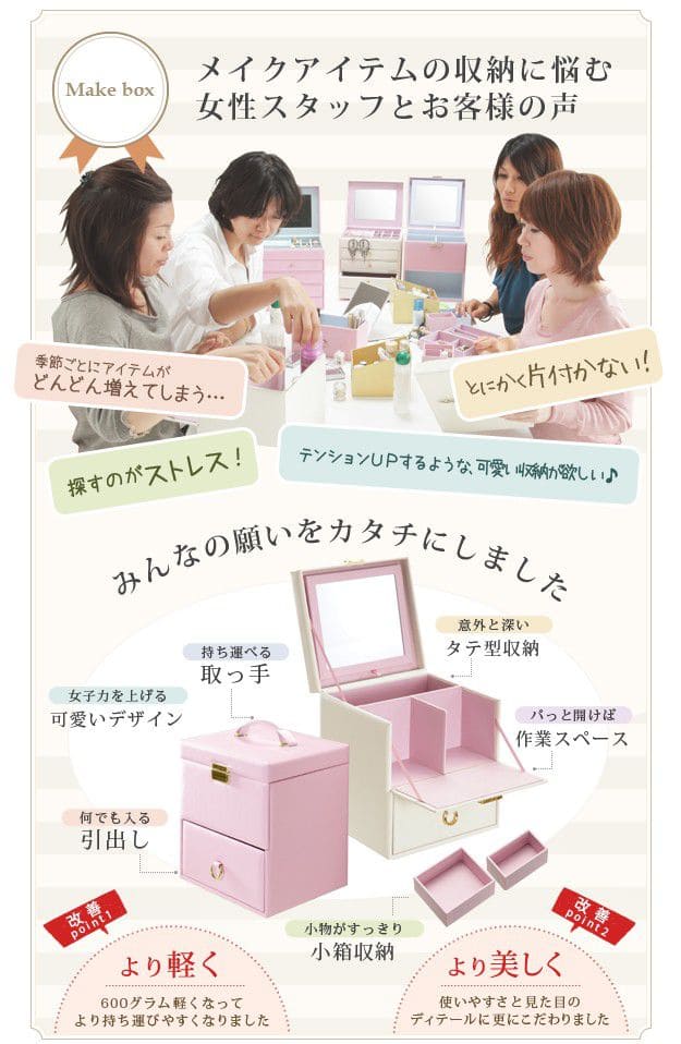 メイクボックスコスメボックス鏡大容量収納カワイイ引き出し化粧箱小型ピンク白2段持ち運び軽量バニティミラーコンパクト仕切りおしゃれドレッサーシンプル鏡付きメイクアップボックス卓上ミニ小