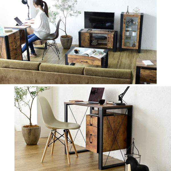 パソコンデスク収納デスクビンテージ風幅90引き出しおしゃれテレワークブルックリンA4ファイル収納在宅勤務リモートワーク一人暮らし省スペース