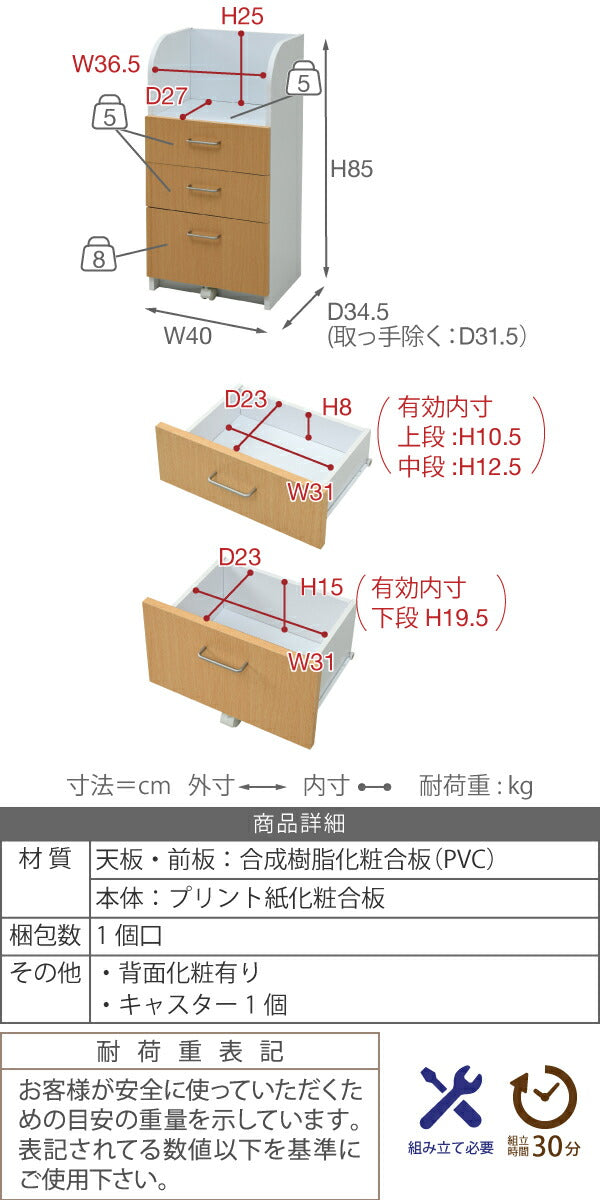 カウンター下チェスト3段幅40cm高さ85cmカウンター下収納奥行35cmおしゃれ引き出し三段キャスター付きリビング収納棚子供部屋子供