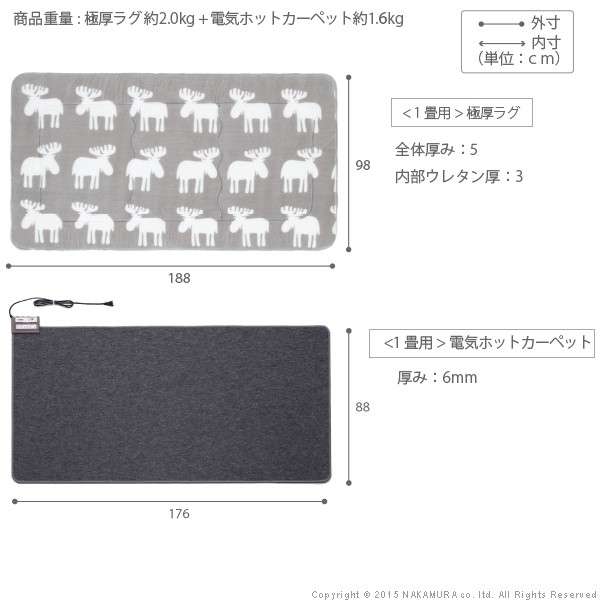 ふかふか極厚ホットカーペットセット・ふかふか極厚ラグ〔ミューク〕セット1畳