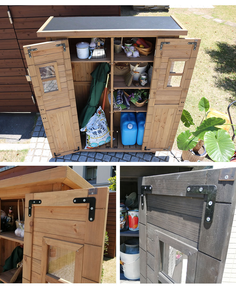天然木製カントリー小屋薄型【送料無料物置倉庫収納庫天然木木製庭物入れおしゃれ大型北欧ナチュラルガーデニングキャンプスポーツ屋外家具ライトブラウンダークブラウン木製収納庫diy物置小屋キット棚木目調】