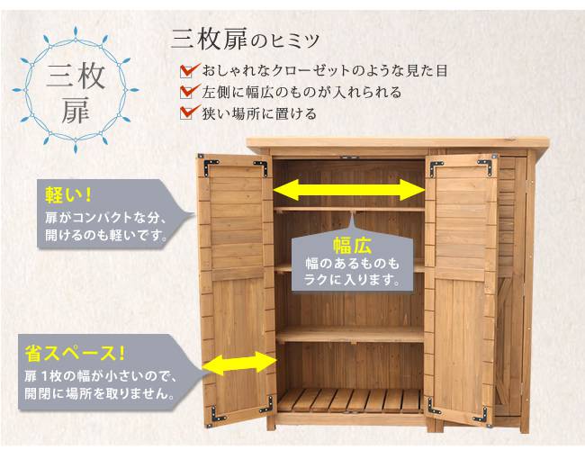 木製大型収納庫(三つ扉)【送料無料物置倉庫収納庫天然木木製庭物入れおしゃれ大型北欧ナチュラルガーデニングキャンプスポーツ屋外家具ライトブラウンホワイト】