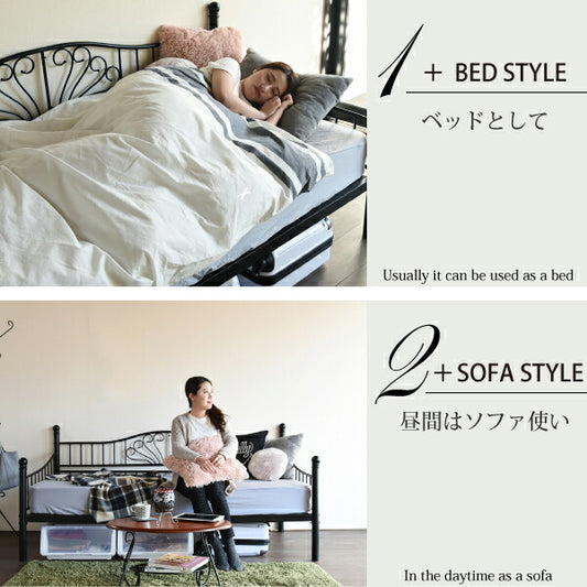 ロートアイアンデイベッドシングルベッド幅203奥行105フレームパイプソファソファベッドハイ&ロー高さ調節床下収納