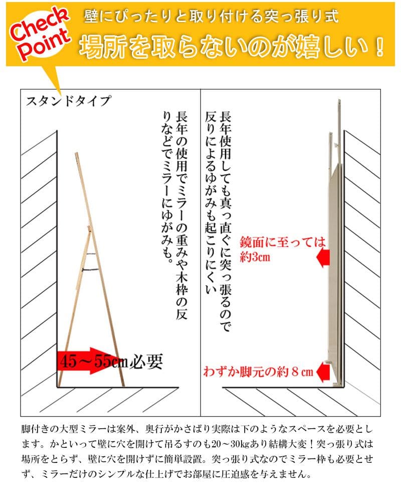鏡ミラー突っ張り姿見全身ラックリビング一人暮らし30薄型コンパクト玄関日本製つっぱりアイアン枠なしスタンドおしゃれ垂直ノンフレームラダーラック突っ張りラック縁なし薄いシンプルインテリア