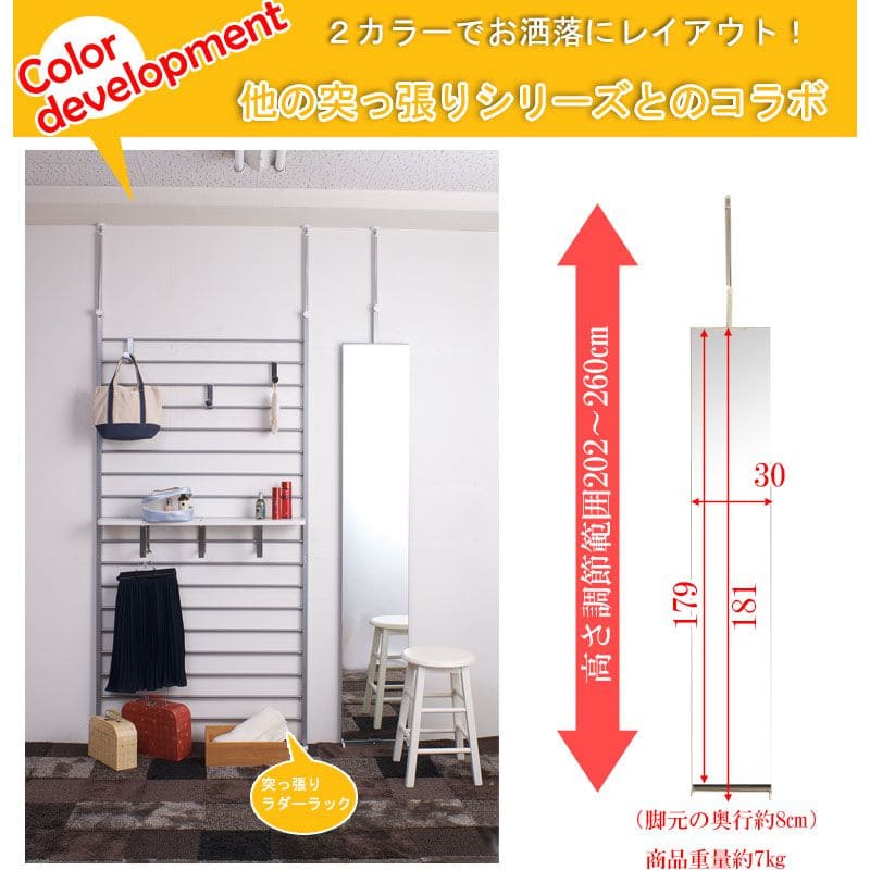 鏡ミラー突っ張り姿見全身ラックリビング一人暮らし30薄型コンパクト玄関日本製つっぱりアイアン枠なしスタンドおしゃれ垂直ノンフレームラダーラック突っ張りラック縁なし薄いシンプルインテリア