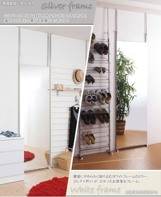 鏡ミラー突っ張り姿見全身ラックリビング一人暮らし60薄型コンパクト玄関日本製つっぱりアイアン枠なしスタンドおしゃれ垂直ノンフレームラダーラック突っ張りラック縁なし薄いシンプルインテリア