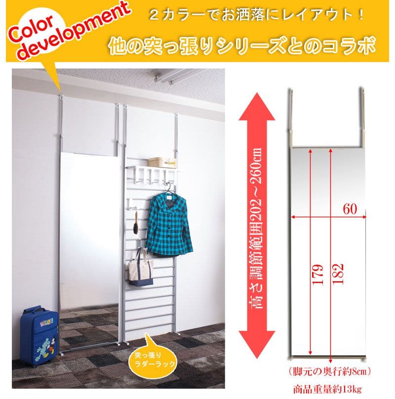 鏡ミラー突っ張り姿見全身ラックリビング一人暮らし60薄型コンパクト玄関日本製つっぱりアイアン枠なしスタンドおしゃれ垂直ノンフレームラダーラック突っ張りラック縁なし薄いシンプルインテリア