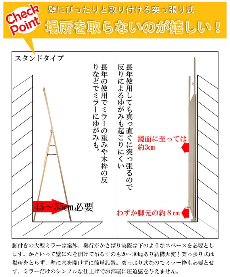 鏡ミラー突っ張り姿見全身ラックリビング一人暮らし40薄型コンパクト玄関日本製つっぱりアイアン枠なしスタンドおしゃれ垂直ノンフレームラダーラック突っ張りラック縁なし薄いシンプルインテリア