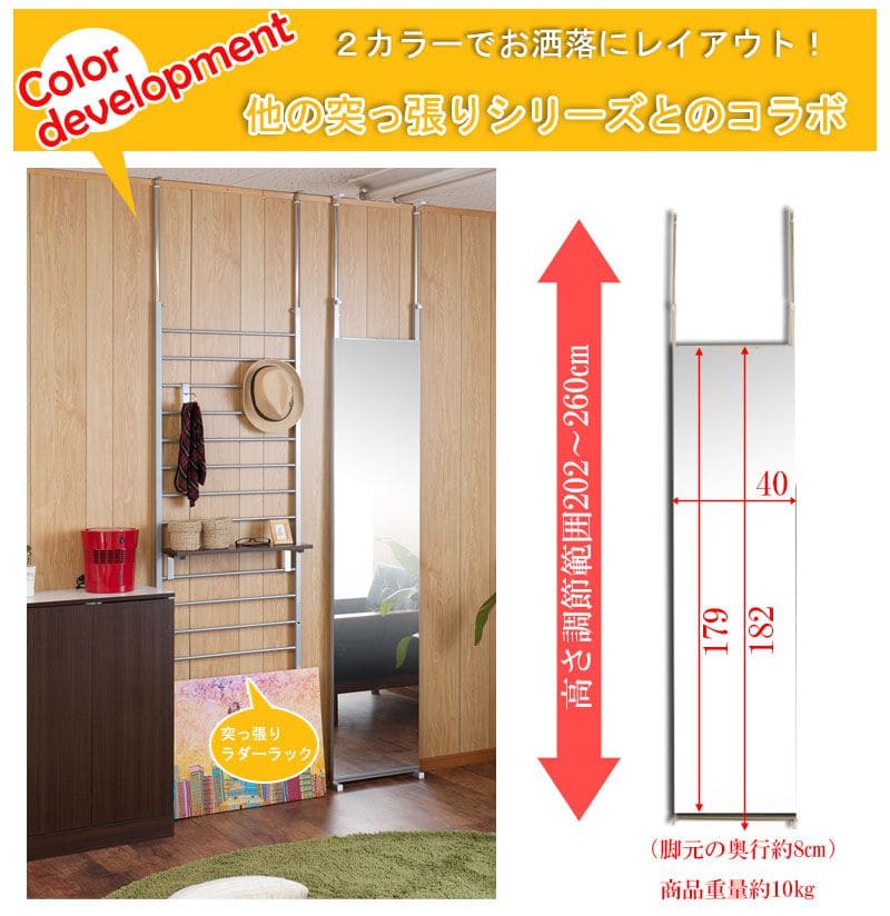 鏡ミラー突っ張り姿見全身ラックリビング一人暮らし40薄型コンパクト玄関日本製つっぱりアイアン枠なしスタンドおしゃれ垂直ノンフレームラダーラック突っ張りラック縁なし薄いシンプルインテリア