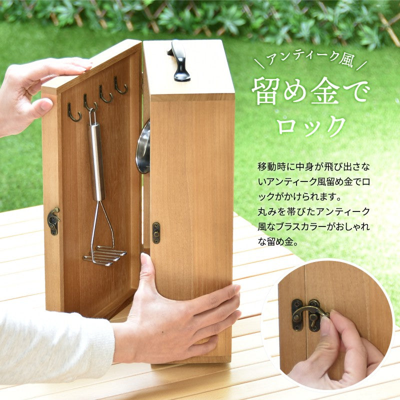 アウトドアキッチンツールボックスW220×D120×H375mm(取っ手含む)OUTDOORキャンプ映えハイキングピクニックキャンプキャンプめしキッチン収納木製ラック