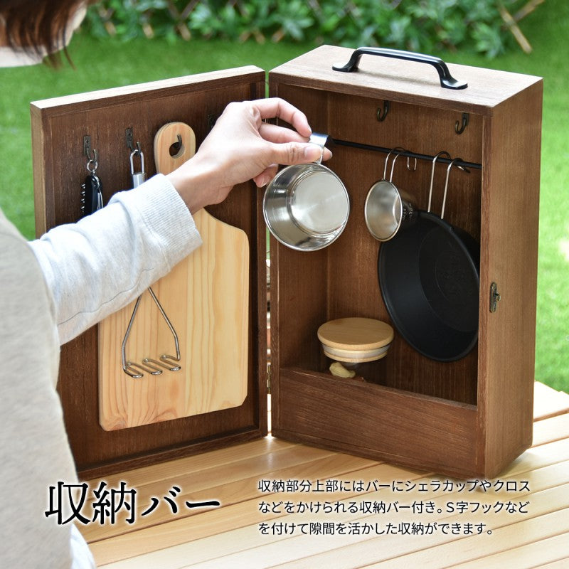 アウトドアキッチンツールボックスW220×D120×H375mm(取っ手含む)OUTDOORキャンプ映えハイキングピクニックキャンプキャンプめしキッチン収納木製ラック
