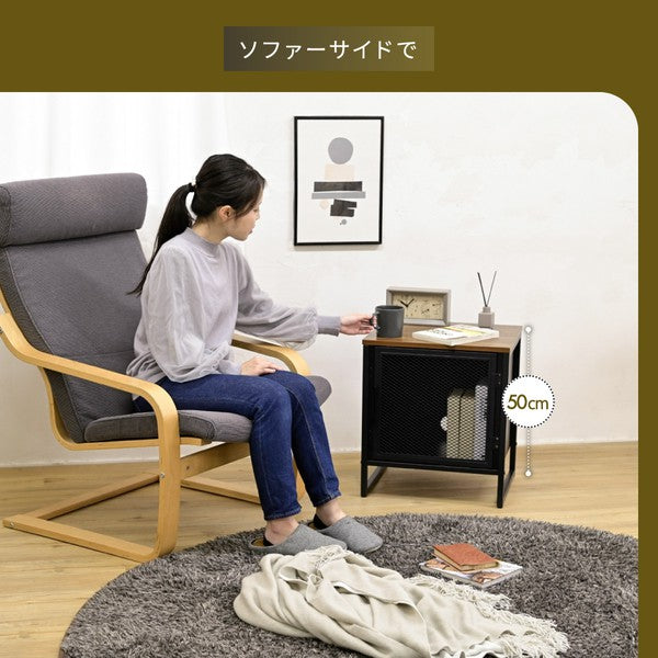 サイドテーブル収納付きサイドラック収納棚扉付き幅45コの字黒アイアンベッドサイドディスプレイラックマガジンラックベッド横鉄鉄製