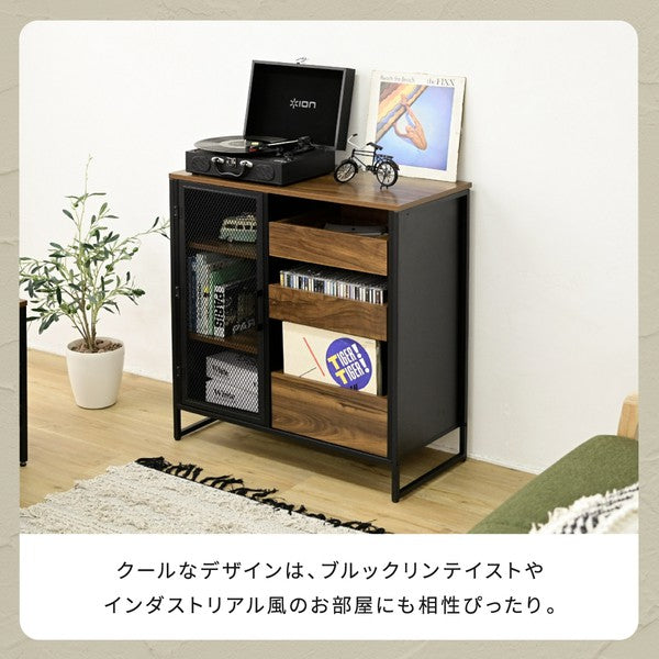 キャビネット扉付きリビングボードハイタイプサイドボード幅80収納棚チェストスチール鉄鉄製リビング収納引き出し高級感ブラック黒