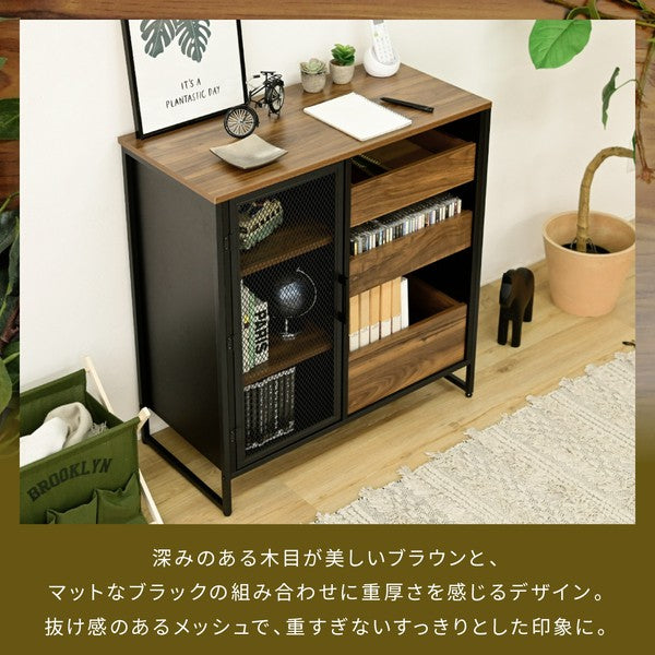 キャビネット扉付きリビングボードハイタイプサイドボード幅80収納棚チェストスチール鉄鉄製リビング収納引き出し高級感ブラック黒