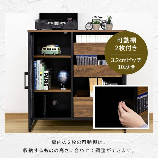 キャビネット扉付きリビングボードハイタイプサイドボード幅80収納棚チェストスチール鉄鉄製リビング収納引き出し高級感ブラック黒