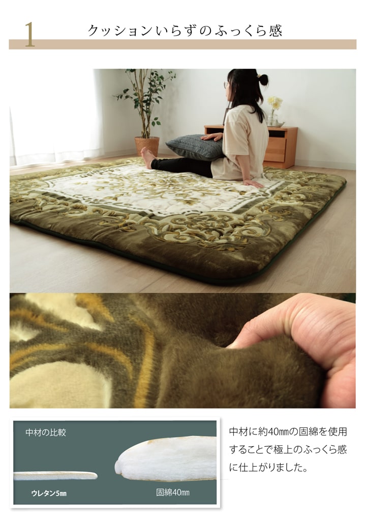 国産固綿40mm使用ラグふっくら極厚敷き布団シャルマン約215×315cm