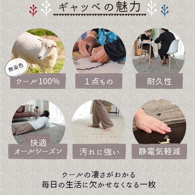 カーペットラグギャッベ高級夏2畳ウール羊民族柄床暖房厚手ギャベ暖かい天然素材正方形ソファー190x190インド短毛おしゃれ絨毯オールシーズン通年ソファリビング短毛夏冬兼用春秋