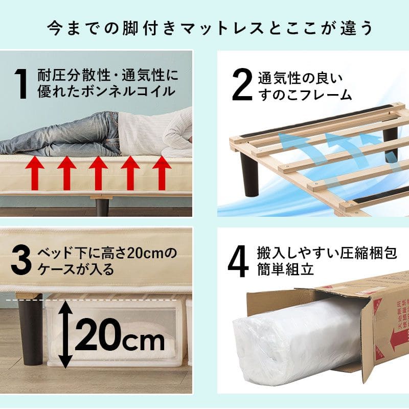 脚付きマットレスシングルマットレスボンネルコイル硬め脚付きベッド男一体型厚めボンネルすのこ一人暮らし脚20cm収納コンパクト195cmスノコ付きベッドマット寝心地硬い小さい耐荷重通気性夏