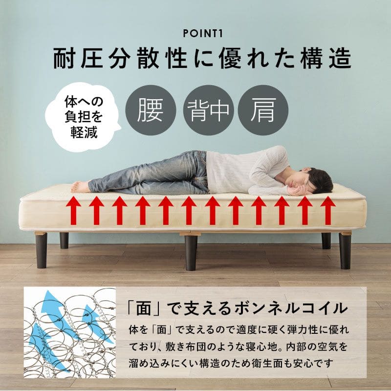 脚付きマットレスシングルマットレスボンネルコイル硬め脚付きベッド男一体型厚めボンネルすのこ一人暮らし脚20cm収納コンパクト195cmスノコ付きベッドマット寝心地硬い小さい耐荷重通気性夏