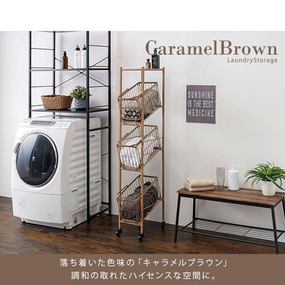ランドリーラック3段スリム低い縦型薄型頑丈かごロータイプキャスター斜めメッシュワゴンバスケットおしゃれランドリーバスケットワイヤーバスケット付コンパクトキャスター付きランドリー収納細長い