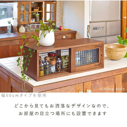 ミニ食器棚完成品卓上収納幅90食器棚ミニサイズガラス扉木製カウンター上収納棚ラックミニおしゃれ両面引き戸天然木小型アンティークパイン材ガラス扉一人暮らし扉付き軽量両面開き業務用皿