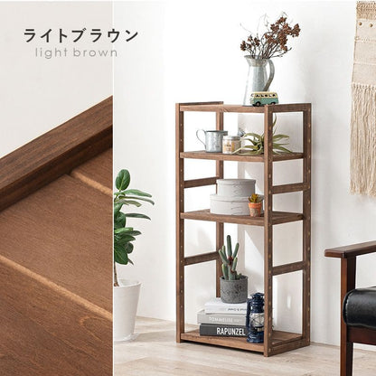 ラック棚木製スリム収納薄型4段天然木パイン幅45ロータイプ小型本デスク横奥行30オープンラックおしゃれディスプレイ北欧木目丈夫シェルフ4段ラック本棚プランターリビング壁面コンパクト