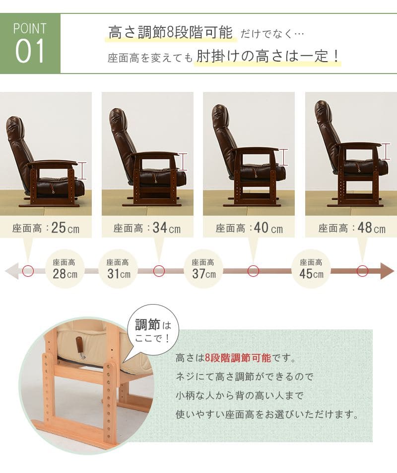 高座椅子ハイバックレザー高齢者リクライニング無段階高さ調整腰痛コンパクト肘付き1人用おしゃれ座面高いレバー頭までメッシュリラックス座り心地最高読書年配大人肘掛け寝れる楽な姿勢老人段階