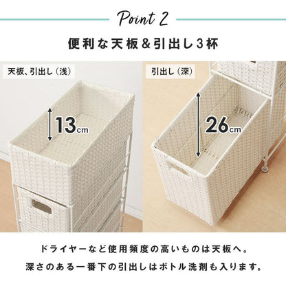 ランドリー収納隙間収納スリムラタン隙間3段引き出し20cm奥行40完成品籐チェスト収納薄型ランドリーラックおしゃれアジャスター低めロー洗面所ランドリーサイドラック小さめランドリーチェスト