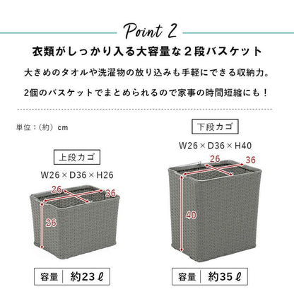 ランドリーバスケット洗濯カゴラック2段ラタンキャスター大容量収納スリム籐ランドリーワゴンおしゃれ幅30ワゴン防水通気性洗濯物カゴ脱衣かご薄型省スペース深型四角縦長洗えるスクエア