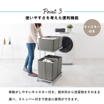 ランドリーバスケット洗濯カゴラック2段2列ラタンキャスター大容量収納スリム籐ランドリーワゴンおしゃれ幅60ワゴン防水通気性洗濯物大きいカゴ脱衣かご薄型省スペース深型四角縦長洗えるスクエア