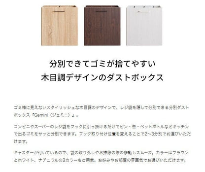 ゴミ箱ダストボックス分別20リットルレジ袋キッチンスリム20l幅50木製縦型キャスター台所机の下おしゃれ木目家具部屋薄型2分別3分別リビング低いワゴン移動式デスク小さめ横型引っ掛け四角