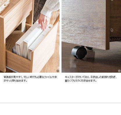 サイドワゴンキャスター木製引き出し2段木目テーブルスリムデスクワゴン幅40奥行40おしゃれa4ワゴン低い薄型子供寝室デスクサイドチェストキャスター付きサイドラックラックデスク横デスク下収納木