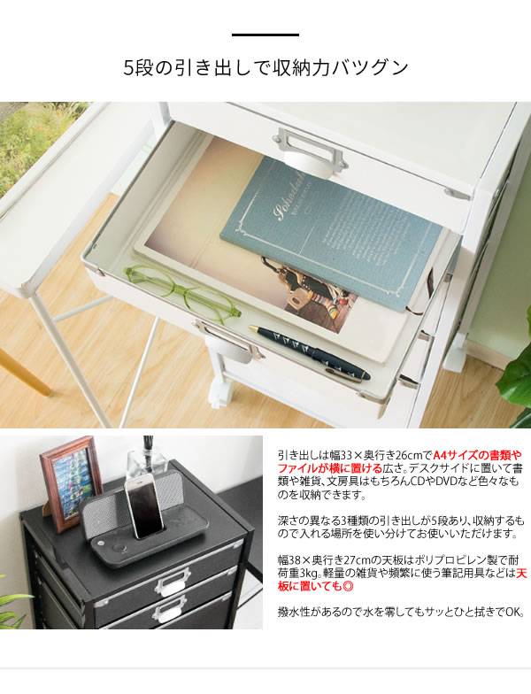 サイドワゴンキャスター付きサイドラックチェストa4引き出し5段デスクスリムおしゃれ黒白収納ワゴンキャスターラックサイドチェスト幅40