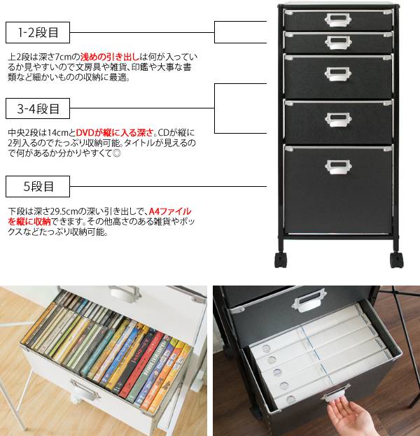 サイドワゴンキャスター付きサイドラックチェストa4引き出し5段デスクスリムおしゃれ黒白収納ワゴンキャスターラックサイドチェスト幅40