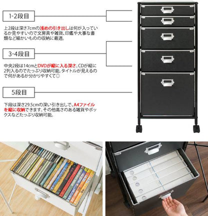 サイドワゴンキャスター付きサイドラックチェストa4引き出し5段デスクスリムおしゃれ黒白収納ワゴンキャスターラックサイドチェスト幅40