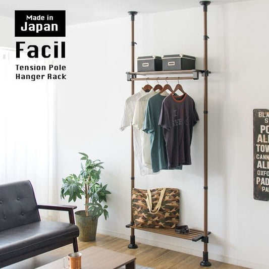 ハンガーラック突っ張り棚スリム頑丈コートハンガー日本製一人暮らし薄型高い木目おしゃれコート狭い場所収納スチールシェルフ調節玄関ラック洋服掛けリビング部屋干し隙間コンパクト省スペース