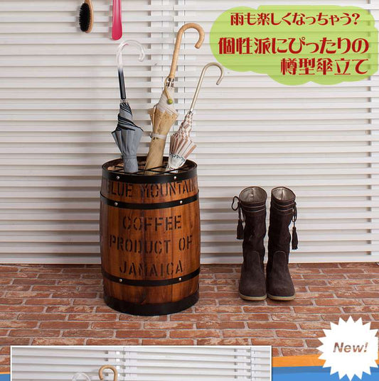 傘立て業務用木製屋外木大容量おしゃれスリムコンパクト傘外外置き玄関傘入れ日本製完成品ヴィンテージブラウン樽